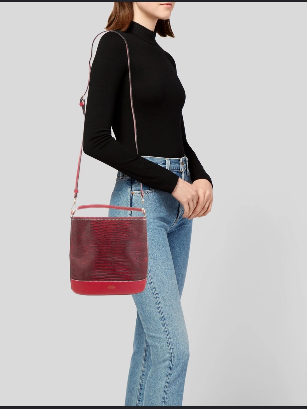 Frances Valentine Stella Slim Red Snake Embossed Crossbody Bucketbag - Picture 14 of 16